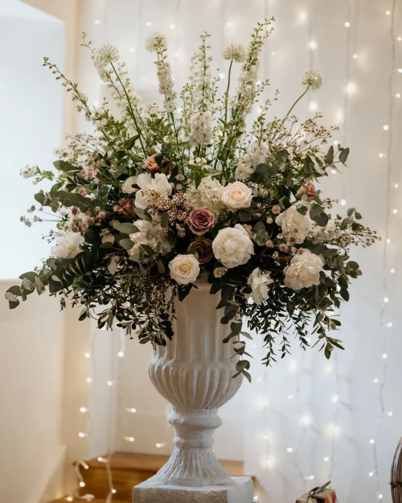 Elegant floral urn arrangements at Shotesham Park wedding venue Norfolk in shades of dusky lilac and white