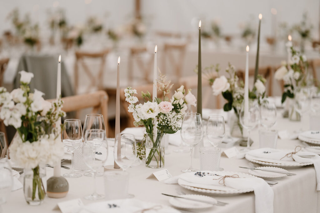 Table florals at Low Barn Farm Wedding venue in Norfolk 