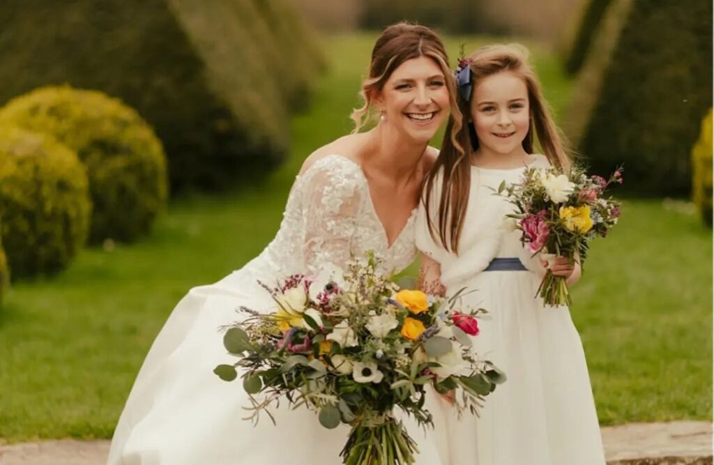 Bright spring floral bridal bouquet at Chaucer Barn wedding venue Norfolk 