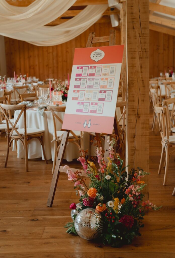 Floral and glitter ball seating plan design at The Woodyard Worstead Estate wedding venue in Norfolk 