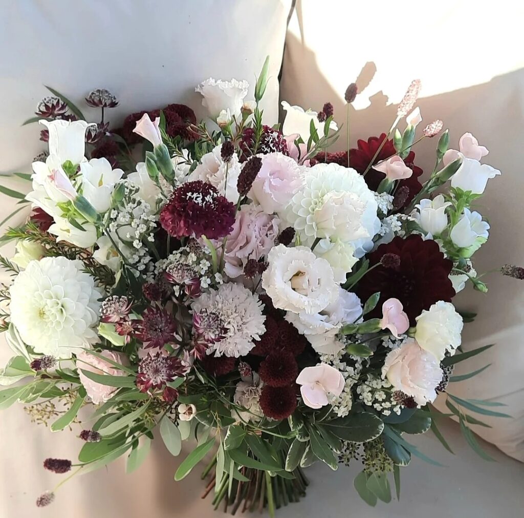Burgundy, blush pink and white floral bridal bouquet for Emma at Manor Mews wedding venue Norfolk 