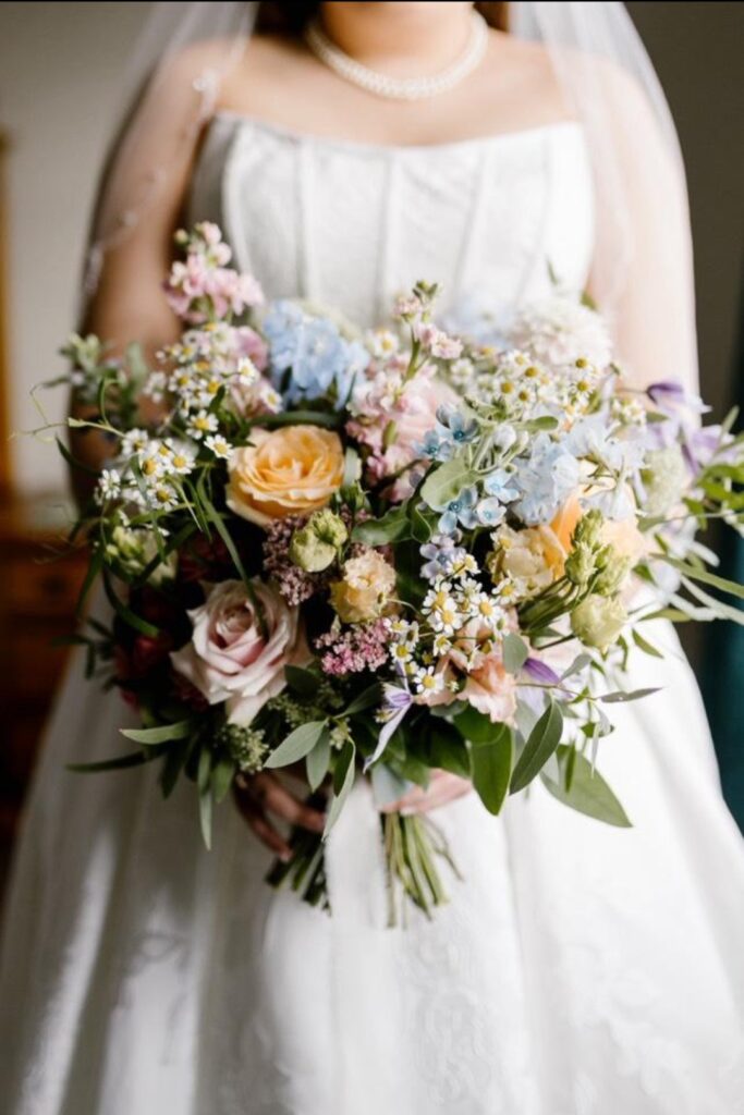 Bridal boquet wuth mixed colourful pastel natural flowers for Hannah