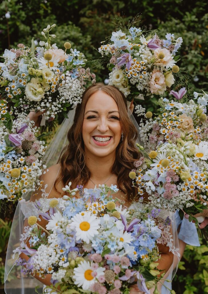 Sarah and Tom at Manor Mews wedding venue Norfolk. With natural bridal bouquets in pastel shades with natural meadow flowers.