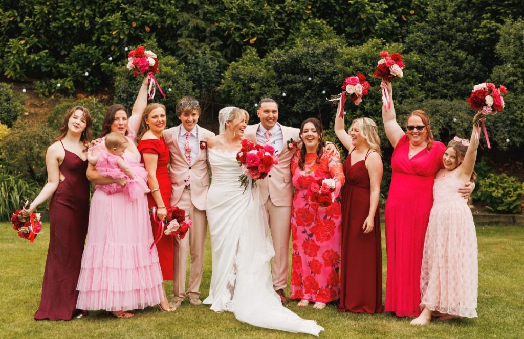 Red, burgundy and blush pink wedding bouquets for Kellie at Manor Mews 