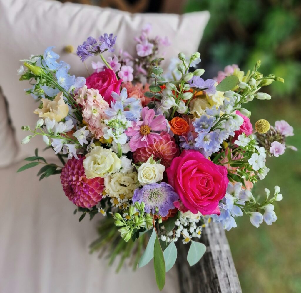 Natural colourful bridal bouquet for Ellie at Chaucer Barn